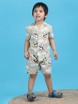 Polka Tots - Green Cotton Graphic Printed Half Sleeve Boys Shirt with Shorts( Set of 2)