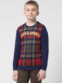Jack & Jones Junior - Boys Checks Navy Blue Sweater