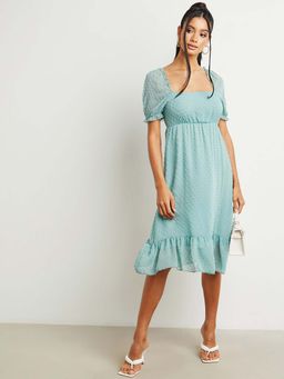 Styli - Green Dobby Spot Square Neck A-line Midi Dress
