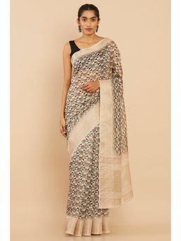 Soch - Women Beige Chanderi Geometric Saree with Unstitched Blouse