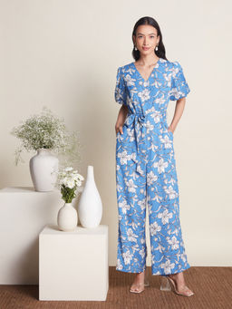 Twenty Dresses by Nykaa Fashion - Work Blue And White Floral V Neck Wide Leg Jumpsuit (Set of 2)