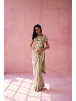 Old Marigold - Pear Meadow Green Chinon Embellished Saree with Stitched Blouse