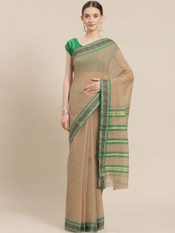 ISHIN - Womens Cotton Blend Beige Solid Woven Design Saree with Unstitched Blouse