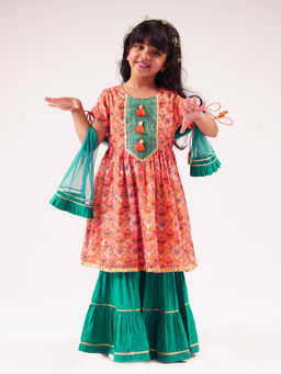 Lil Drama - Rangoli Girls Orange Kurta With Sharara And Dupatta (Set of 3)