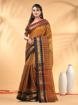 CHARUKRITI - Mustard Bengal Tant Pure Cotton Zari Border Saree with Unstitched Blouse