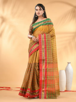 CHARUKRITI - Yellow Bengal Tant Pure Cotton Zari Border Saree with Unstitched Blouse