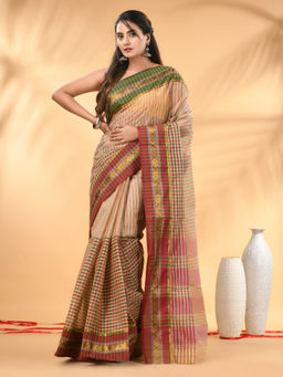 CHARUKRITI - Beige Bengal Tant Pure Cotton Zari Border Saree with Unstitched Blouse