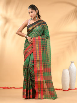 CHARUKRITI - Green Bengal Tant Pure Cotton Zari Border Saree with Unstitched Blouse