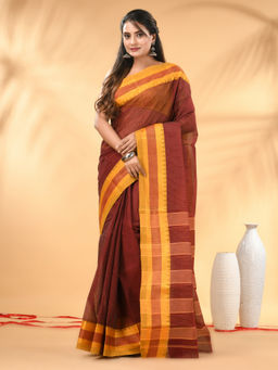 CHARUKRITI - Maroon Bengal Tant Pure Cotton Yellow Border Saree with Unstitched Blouse