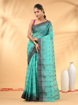 CHARUKRITI - Mint Green Tant Pure Cotton Charcoal Woven Border Saree with Unstitched Blouse