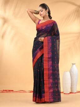 CHARUKRITI - Navy Blue Tant Pure Cotton Magenta Woven Border Saree with Unstitched Blouse