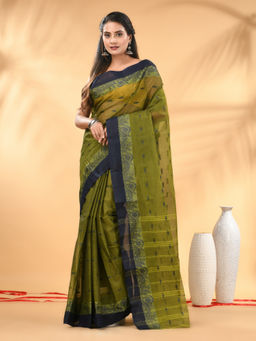 CHARUKRITI - Olive Green Tant Pure Cotton Navy Blue Woven Border Saree with Unstitched Blouse