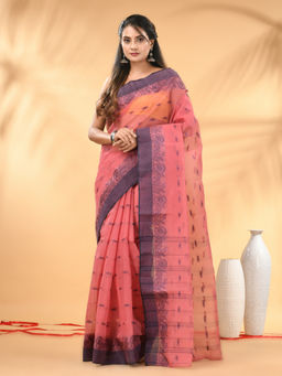 CHARUKRITI - Peach Pink Tant Pure Cotton Violet Woven Border Saree with Unstitched Blouse
