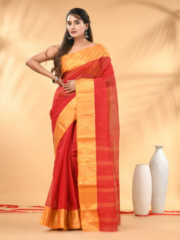 CHARUKRITI - Red Tant Pure Cotton Zari Border Saree with Unstitched Blouse
