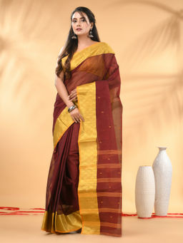 CHARUKRITI - Maroon Tant Pure Cotton Zari Border Saree with Unstitched Blouse