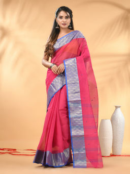 CHARUKRITI - Pink Tant Pure Cotton Zari Border Saree with Unstitched Blouse