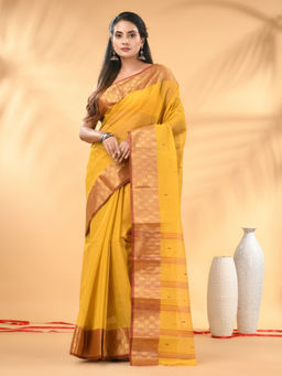 CHARUKRITI - Yellow Tant Pure Cotton Zari Border Saree with Unstitched Blouse