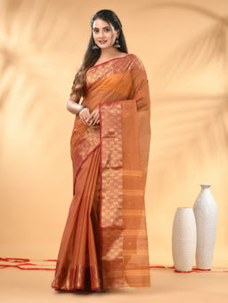 CHARUKRITI - Brown Tant Pure Cotton Zari Border Saree with Unstitched Blouse