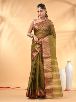 CHARUKRITI - Olive Green Tant Pure Cotton Zari Border Saree with Unstitched Blouse