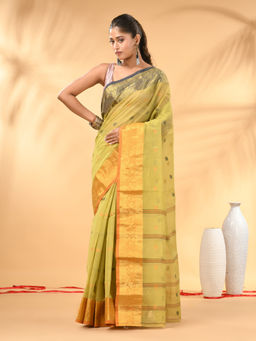 CHARUKRITI - Pastel Green Tant Pure Cotton Contrasting Zari Border Saree with Unstitched Blouse