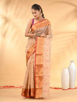 CHARUKRITI - Beige Tant Pure Cotton Zari Border Saree with Unstitched Blouse