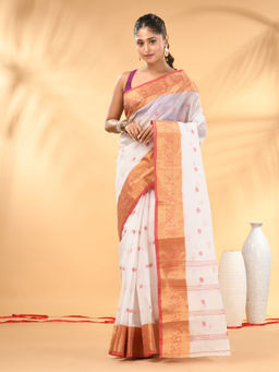 CHARUKRITI - White Tant Pure Cotton Zari Border Saree with Unstitched Blouse
