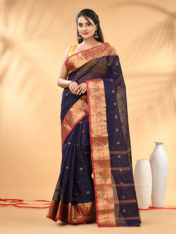 CHARUKRITI - Navy Blue Tant Pure Cotton Zari Border Saree with Unstitched Blouse
