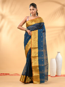 CHARUKRITI - Sapphire Blue Tant Pure Cotton Rich Golden Zari Border Saree with Unstitched Blouse