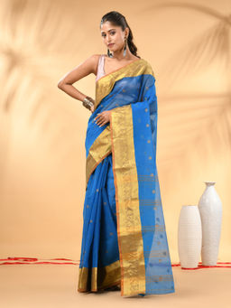 CHARUKRITI - Sky Blue Tant Pure Cotton Zari Border Saree with Unstitched Blouse