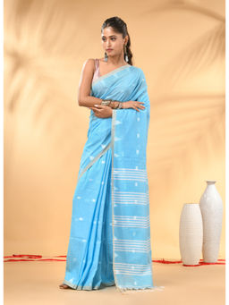CHARUKRITI - Sky Blue Soft Cotton Subtle Striped Pallu Saree with Unstitched Blouse