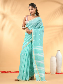 CHARUKRITI - Aqua Blue Soft Cotton Subtle Striped Pallu Saree with Unstitched Blouse
