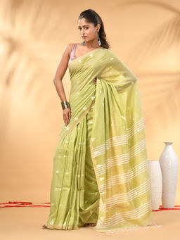 CHARUKRITI - Lime Green Soft Cotton Subtle Striped Pallu Saree with Unstitched Blouse