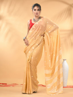 CHARUKRITI - Beige Soft Cotton Subtle Striped Pallu Saree with Unstitched Blouse