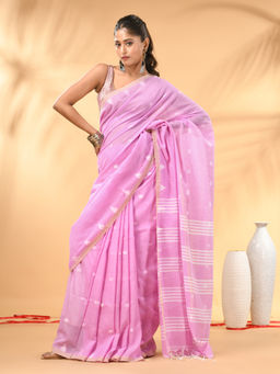 CHARUKRITI - Pink Soft Cotton Subtle Striped Pallu Saree with Unstitched Blouse