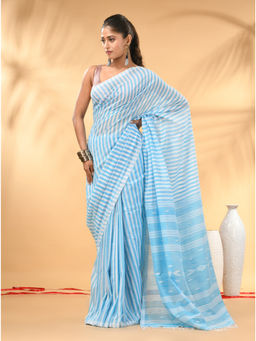 CHARUKRITI - Blue And White Handwoven Cotton All-Over Stripes Saree with Unstitched Blouse