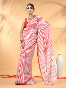 CHARUKRITI - White And Red Handwoven Cotton All-Over Stripes Saree with Unstitched Blouse
