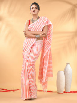 CHARUKRITI - Peach And White Handwoven Cotton All-Over Stripes Saree with Unstitched Blouse