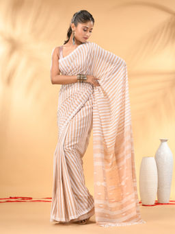 CHARUKRITI - Beige And White Handwoven Cotton All-Over Stripes Saree with Unstitched Blouse