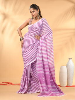 CHARUKRITI - Lavender And White Handwoven Cotton All-Over Stripes Saree with Unstitched Blouse
