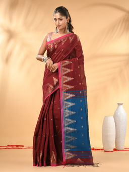 CHARUKRITI - Maroon And Blue Cotton Blend Ethnic Motifs Saree with Unstitched Blouse
