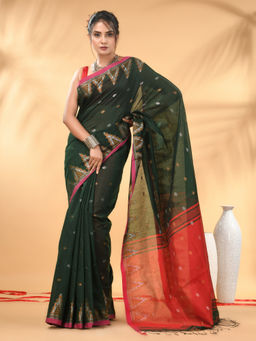 CHARUKRITI - Green And Red Cotton Blend Ethnic Motifs Saree with Unstitched Blouse