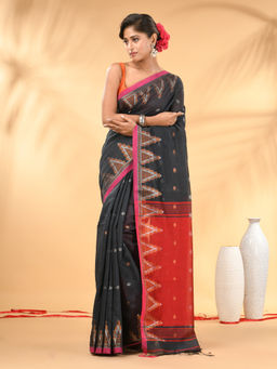 CHARUKRITI - Charcoal And Red Cotton Blend Ethnic Motifs Saree with Unstitched Blouse
