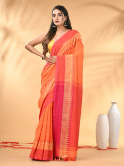 CHARUKRITI - Orange And Pink Cotton Geometric Woven Border Saree with Unstitched Blouse