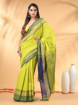 CHARUKRITI - Lime Green And Navy Blue Cotton Geometric Woven Border Saree with Unstitched Blouse