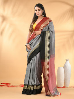 CHARUKRITI - Grey And Maroon Cotton Blend Black Contrast Border Saree with Unstitched Blouse
