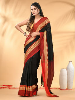 CHARUKRITI - Black And Red Cotton Geometric Woven Border Saree with Unstitched Blouse