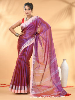 CHARUKRITI - Magenta And White Tissue Woven Geometric Border Saree with Unstitched Blouse