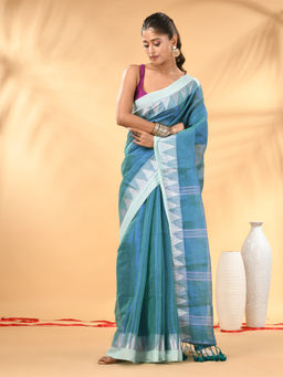CHARUKRITI - Sea Green And White Tissue Woven Geometric Border Saree with Unstitched Blouse