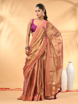 CHARUKRITI - Blush Pink Golden Glow Tissue Saree with Unstitched Blouse