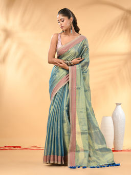 CHARUKRITI - Sky Blue Golden Glow Tissue Saree with Unstitched Blouse